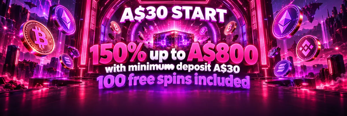 Wide dark digital banner with a glowing payment-style reward console, floating cryptocurrency logos and a 150% bonus up to A$800 with 100 free spins.