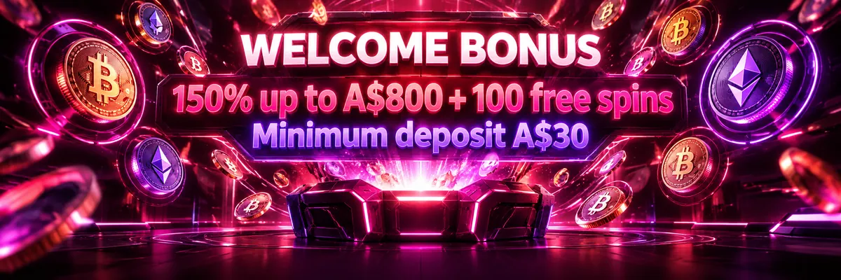 Wide dark neon banner with floating cryptocurrency symbols around a glowing mystery box, highlighting a 150% bonus up to A$800 and 100 free spins.