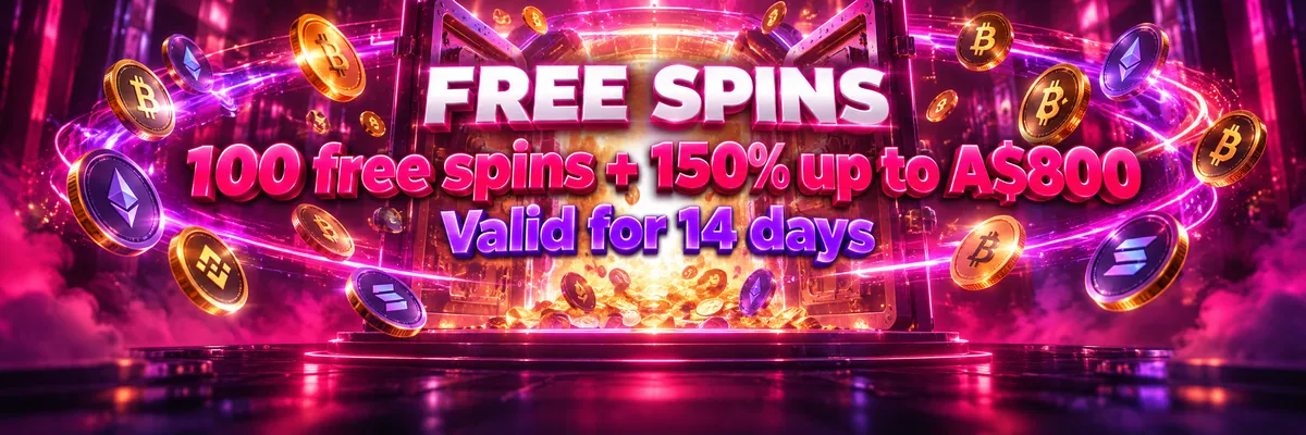 Wide futuristic casino banner showing floating blockchain coins and an illuminated reward panel focused on 100 free spins and a 150% bonus up to A$800.